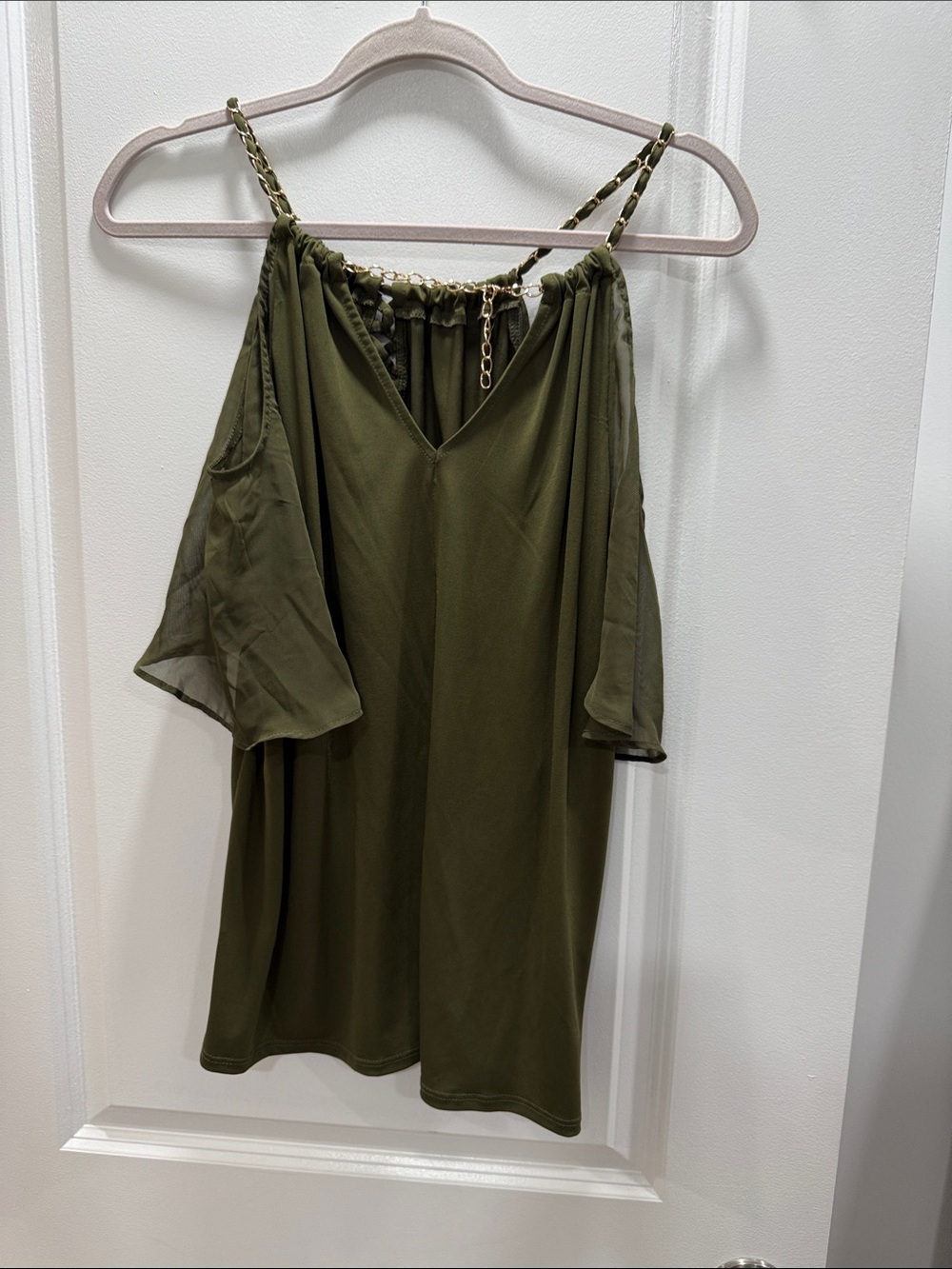 Olive Chain-Trim Cold-Shoulder Tunic Top